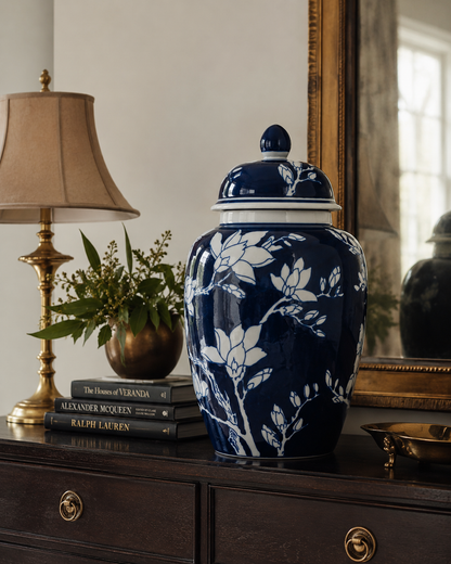 Large Blue Magnolia Ginger Jar styled view – Leya Buster Interiors
