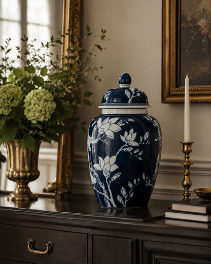 Large Blue Magnolia Ginger Jar – decorative jar at Leya Buster Interiors