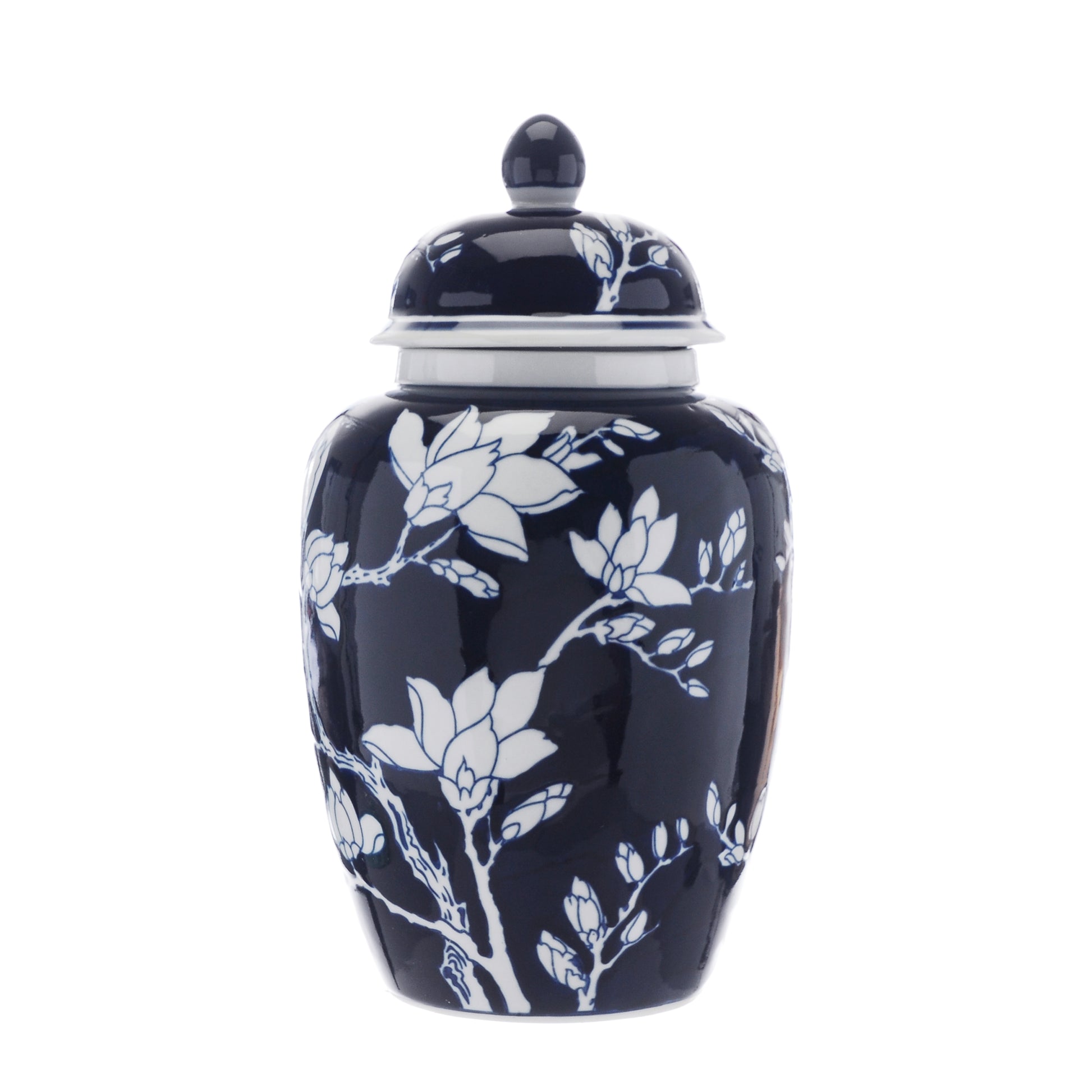 Large Blue Magnolia Ginger Jar styled view – Leya Buster Interiors