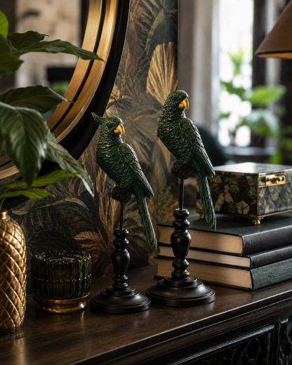 Large Tropical Parrot Tabletop Decoration on Perch detail – Leya Buster Interiors