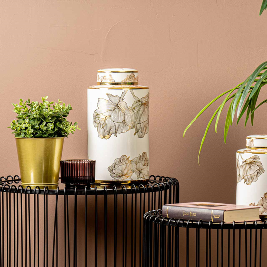 White & Gold Floral Lidded Jar