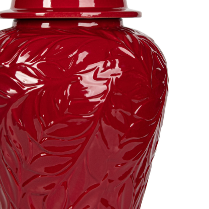 Glossy Red Leaf – Patterned Ceramic Ginger Jar styled view – Leya Buster Interiors