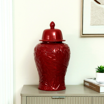 Glossy Red Leaf – Patterned Ceramic Ginger Jar styled view – Leya Buster Interiors